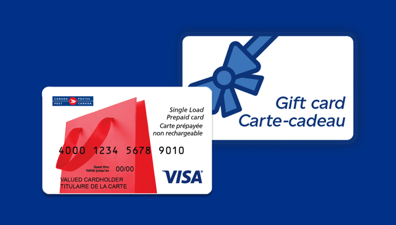 A gift card with an image of a blue bow on it and a Single Load Canada Post Visa Prepaid Card.