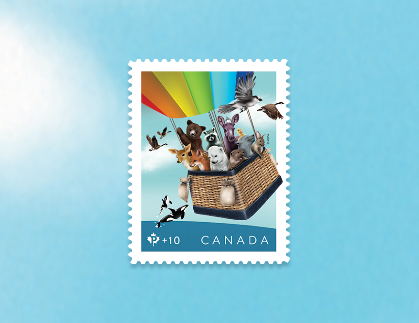 The 2024 Community Foundation stamp features an illustration of animals floating in a hot air balloon.